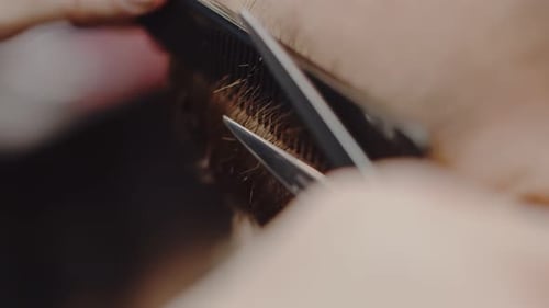Professional Barber Carefully Trimming a Beard on a Man's Chin with Scissors and a Comb Close Up