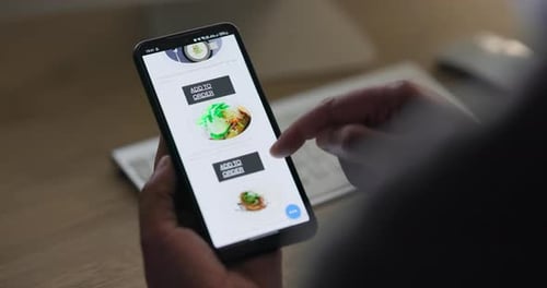 Phone screen, hands scroll restaurant menu for food and delivery with e commerce and lunch choice