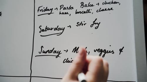 Woman hand-writing weekly menu on white board with black marker in slow motion