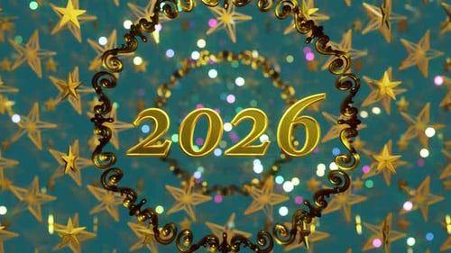 Golden New Year 2026 Celebration with Decorative Stars and Ornate Frame