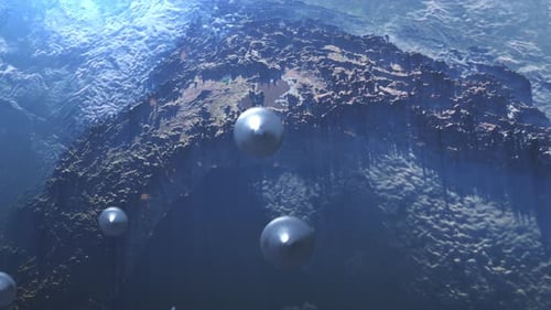 Alien saucer ufo's fleet flying above earth atmosphere, top down view