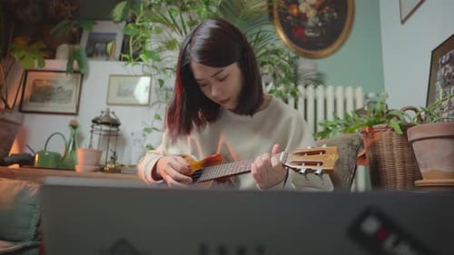 Dark haired woman learn to play ukelele at home via internet on her laptop in the living room. Close