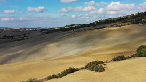 Grüne Hügel, Olivengärten und kleine Weinberge unter den Strahlen der Morgensonne, Italien, Toskana, San Quirico