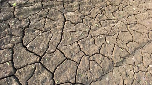 High angle close up pan of dry clay soil terrain, drought concept, sunny day
