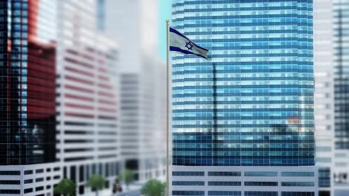Israel National Flag Waving in Corporate Cityscape