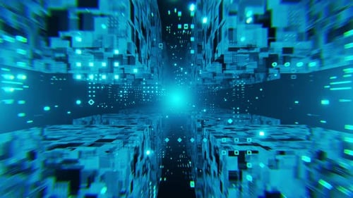 Túnel geométrico abstracto con cubos brillantes de neón voladores. Antecedentes futuristas