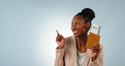 Pointing, face and a black woman with a ticket for travel, presentation or information