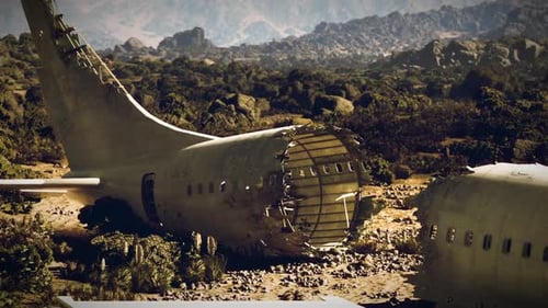 Flugzeugabsturzstelle in unwegsamem Gelände mit Trümmern, die dem Sonnenlicht ausgesetzt sind