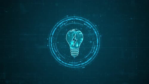 Blue digital lamp logo and circle futuristic HUD elements with flowing arrows