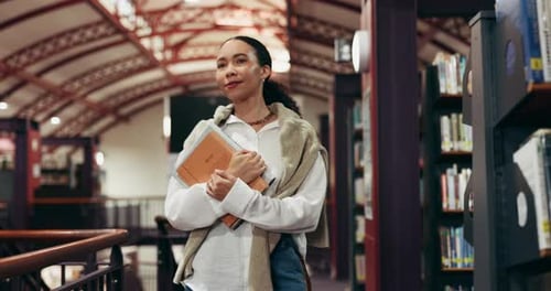 Education, woman or walking with books in library for thesis research, study information