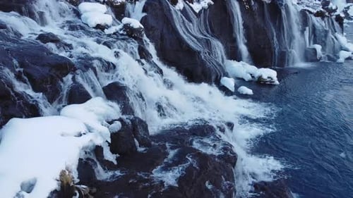Waterfall in Iceland Snowy Ice Mountain River in Winter Nature