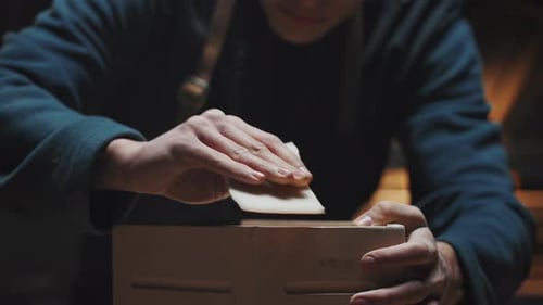 Close Portrait of a Young Attractive Caucasian Master Carpenter Polishing a Wooden Birdhouse The Guy