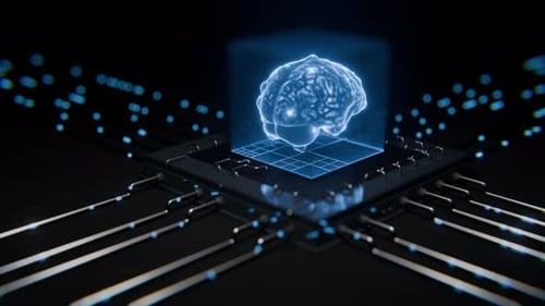 AI Brain on Microchip with Glowing Neural Network Animation