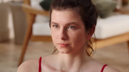 Woman Breathing Deeply, Close Up Indoor Shot