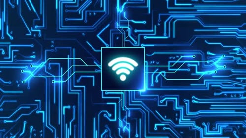 Futuristic Digital Circuit Board with Glowing Wi-Fi Symbol