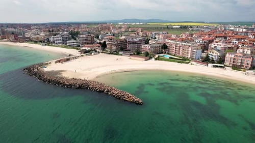 Aerial view of sandy beach and seaside town, Bulgaria.