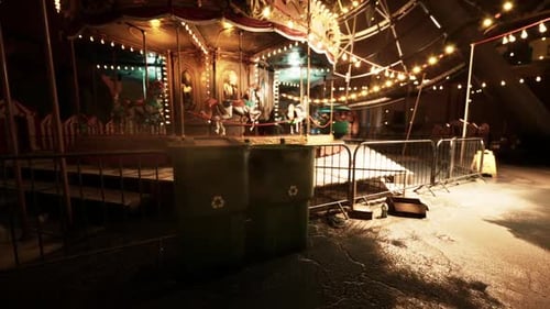 Empty Amusement Park at Night with Illuminated Carousel Awaiting Visitors