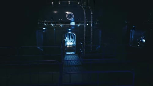 Présentation d'un prototype avec un composant brillant dans un cadre industriel sombre