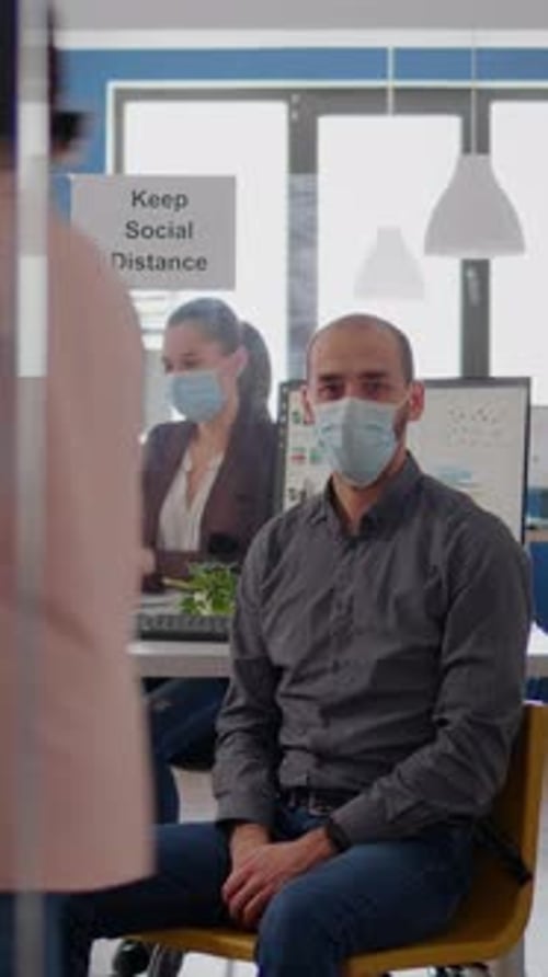 Vertical Video Portrait of Entrepreneur Man Wearing Protective Face Mask Against Coronavirus