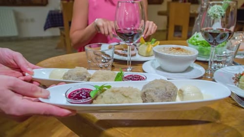 Close up of fancy food is served on a restaurant table for dinner