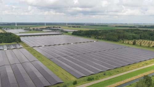 Aerial PV arrays over fields, renewable electricity production, Netherlands