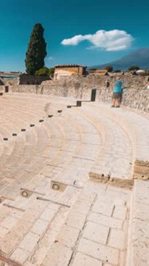 Vertical Footage View Of Great Theatre Of Pompey In Sunny Day UNESCO World Heritage Site