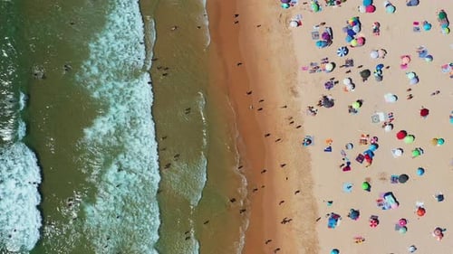 Relaxing Day at the Beach With Sunbathers and Colorful Umbrellas Along the Coastline