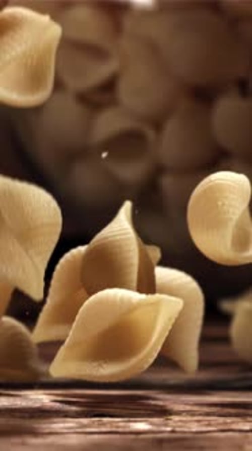 Dry Pasta Falls on a Wooden Table Filmed on a Highspeed Camera at 1000 Fps