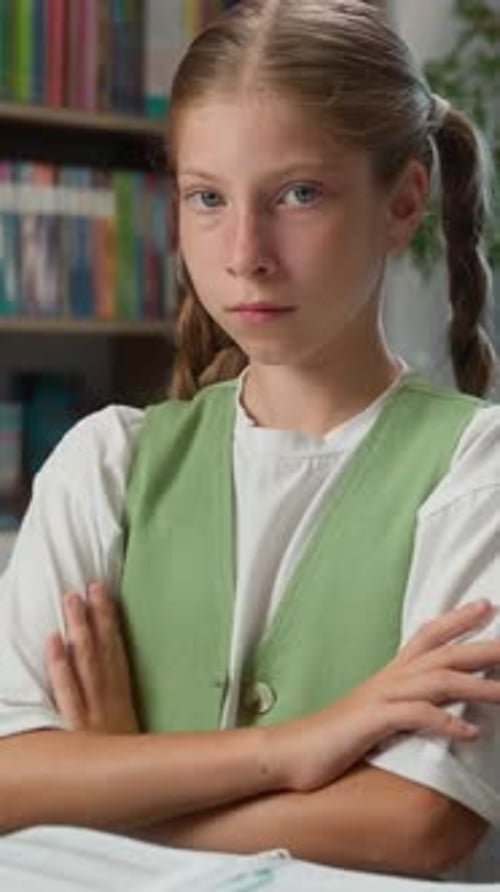 Portrait Offended Caucasian Little Girl Daughter Looking at Camera with Offense Crossed Hands