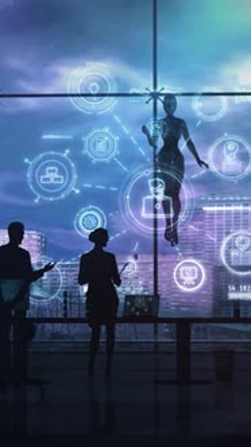 Futuristic Digital Human and Corporate Data Interface