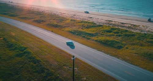 Aerial Classic Car Golden Hour Romantic Beach Drive Sunset Drone Shot 1940 Plymouth 4K