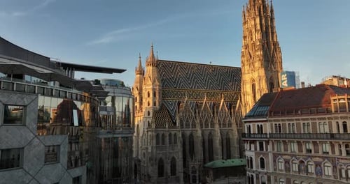 Aerial of Toward and Over St Stephen's Cathedral in Vienna Austria Stephen's Cathedral History