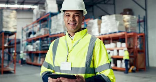 Man, industrial warehouse and tablet for logistics, inventory management and stock