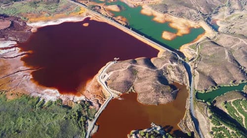 Aerial drone view of Mining activity. Apocalypse scenery. Earth destruction. Disruption of nature.
