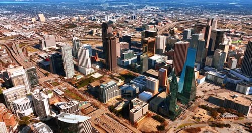 Rising above the downtown of Dallas with high-rise architecture.