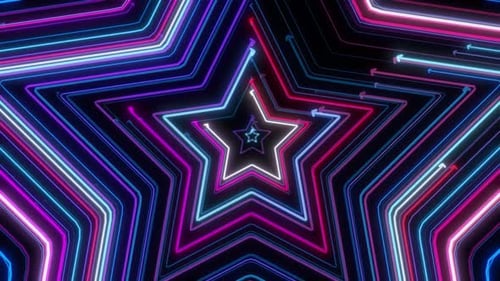 Animación Neon Star Loop. Estrella de neón que se mueve aleatoriamente en forma de bucle sobre una bolsa negra. Forma de estrella de neón