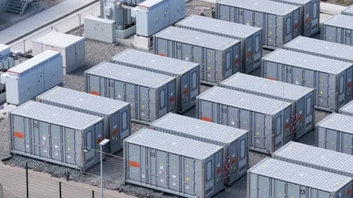 Aerial view on battery energy storage system for renewable power plant.
