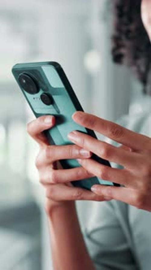 Hands, phone and text message with business woman in office for communication or social media