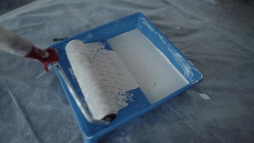 Paint Roller Picks Up White Paint From Tray