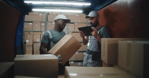 Employees Unloading Delivery Truck with Cardboard Boxes Manager Scanning Parcels Using Digital