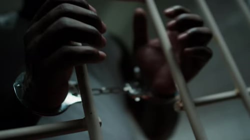 Häftling in Handschellen greift Gitter in Gefängniszelle