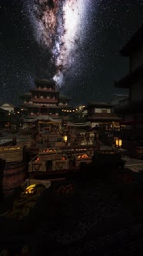 Starry Night Sky Over Traditional Japanese Temple Complex