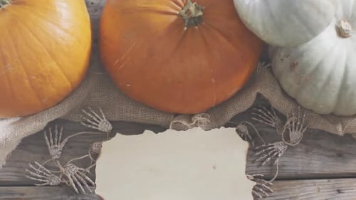 Paper with copy space against skeleton hands and pumpkins on wooden surface