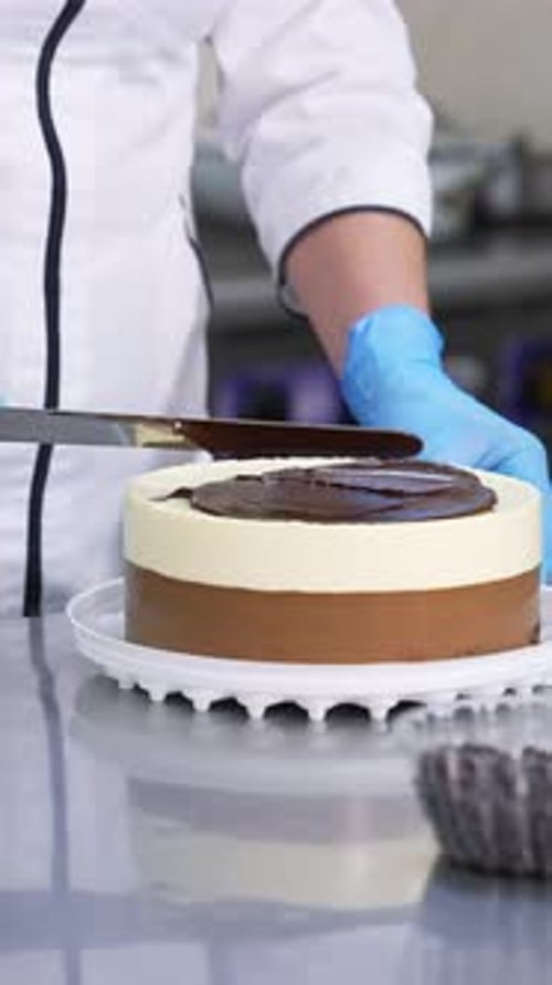 Pastry chef cooking sweet dessert. Delicious cakes making in bakery. Vertical video