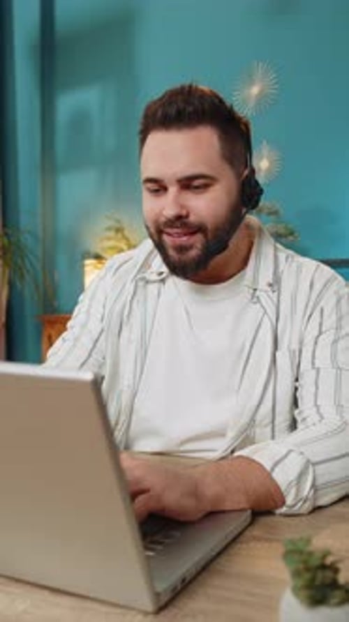 Business Man Wearing Headset Freelance Worker Call Center or Support Service Operator Helpline