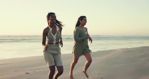 Holiday, friends and women with running by beach for travel adventure, freedom