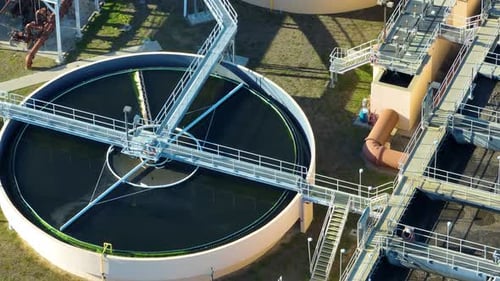 Aerial View of Water Treatment Factory at City Wastewater Cleaning Facility Purification Process of