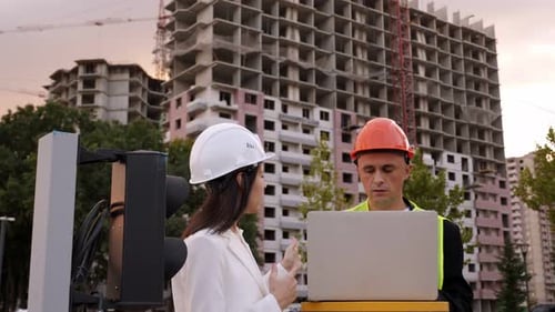 A Young Architect and an Engineer with a Laptop at a Construction Site