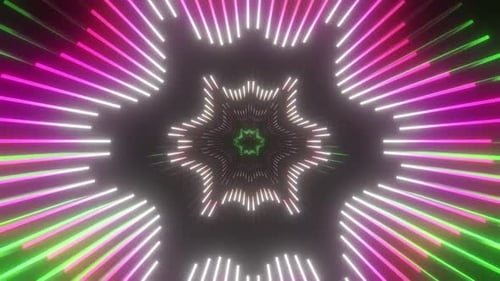 Dynamic light tunnel with vibrant green and white neon glows in darkness