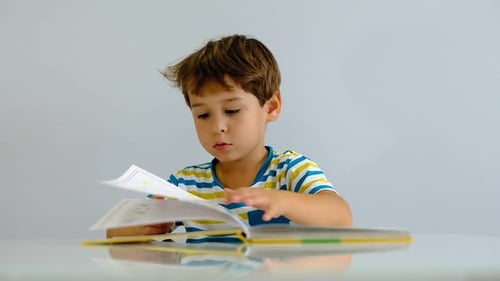 Boy Reading a Book at a Table